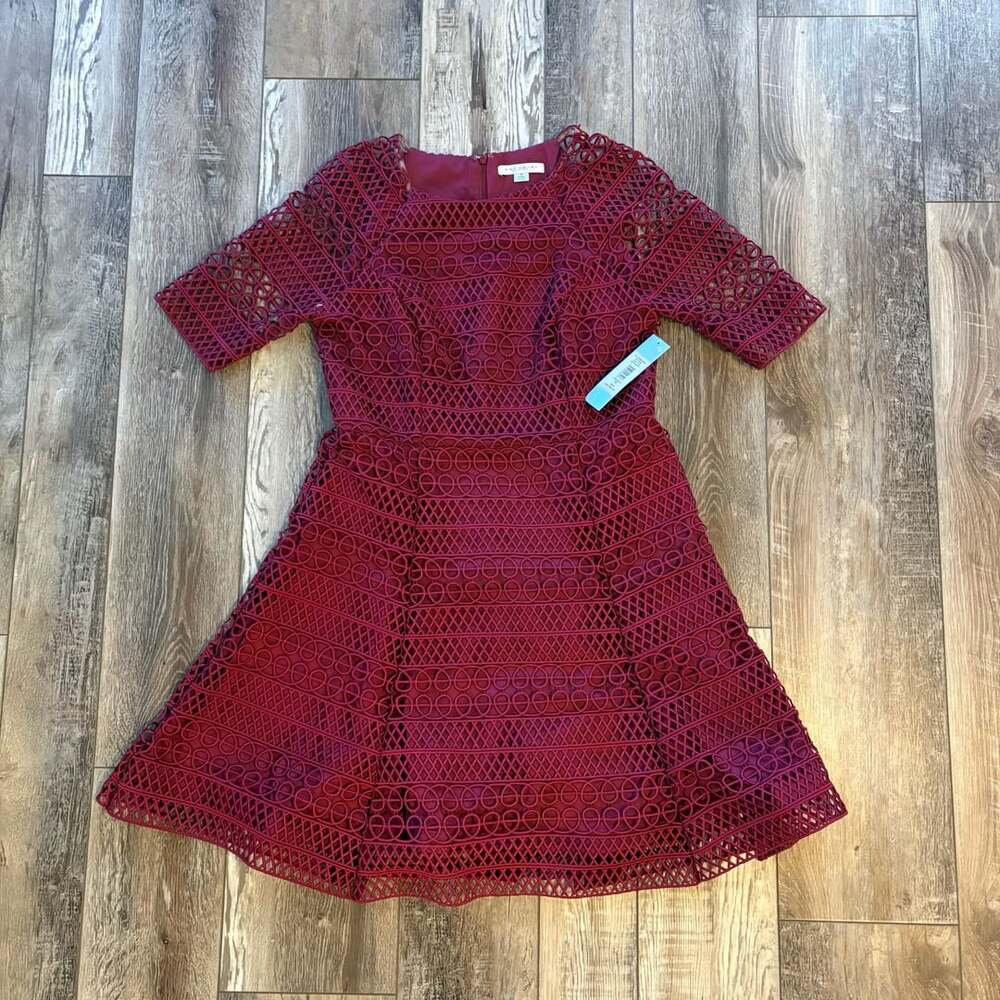 Kay Unger Burgundy Geometric Lace Fit Flare Cocktail Dress 16 NWT